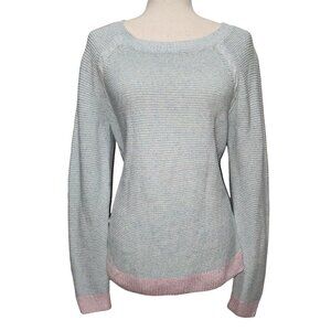 Talbots Womens Cotton And Linen Light Blue Sweater With Pink Trim ‎ Size M